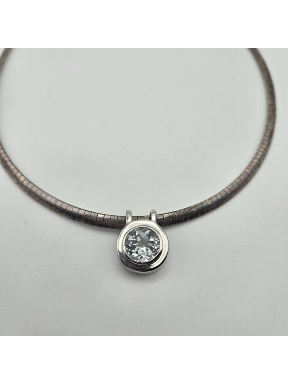 Vintage 90s Sterling Silver Omega Chain Necklace Large CZ Round Pendant Slide